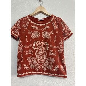 Zara Trafaluc Top Small Rust Orange Paisley Print Short Sleeve Tee Shirt